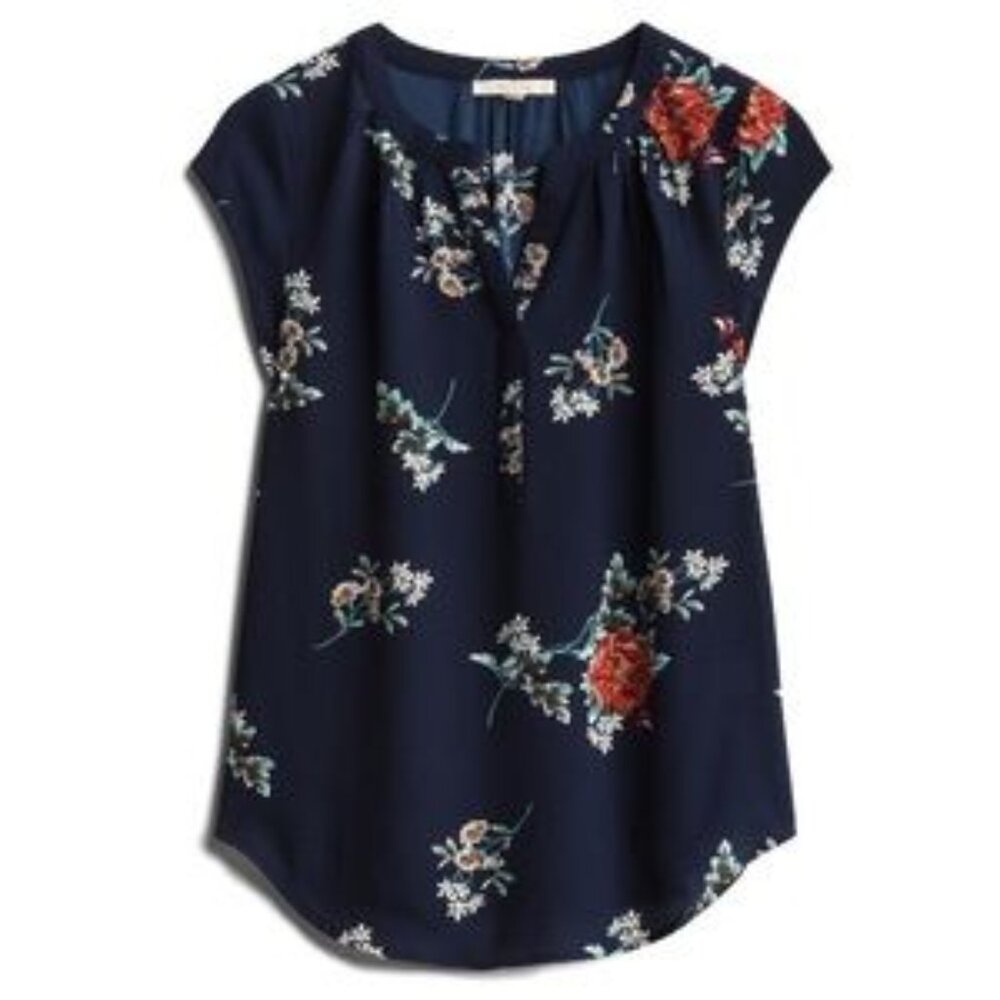 Fun 2 Fun Walden Split Neck Blouse in Navy Blue